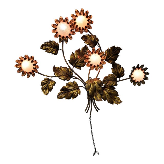 Large 1960's Hollywood Regency Wall Light Gilt Gold Tole Five Arm Sunflower Made Italy For Sale
