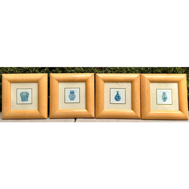 Malou Oi Yee Hung, Set of 4 Blue & White Chinese Porcelain Ming Vase Chinoiserie Etchings. There are 3 original Artist...