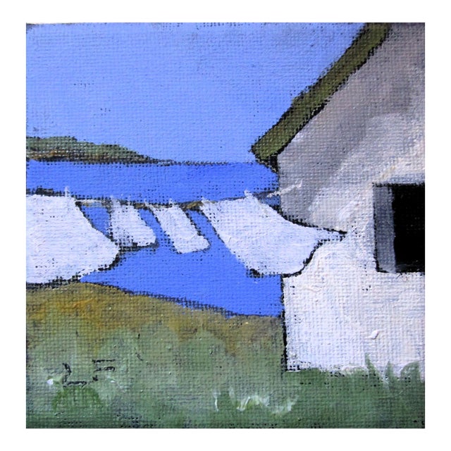 Miniature Coast Cottage Clothesline Laundry Art 4x4 Lynne French Landscape For Sale
