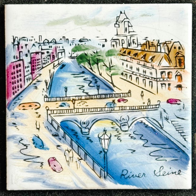 French Provincial Late 20th Century Hand-Painted Framed Ceramic Tiles - Paris River Seine & Saint Germain Des Prés Street Scenes For Sale - Image 3 of 6