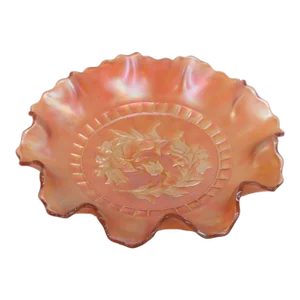 Dugan Windflower Marigold Carnival Glass Ruffled Rim Candy Dish Bowl