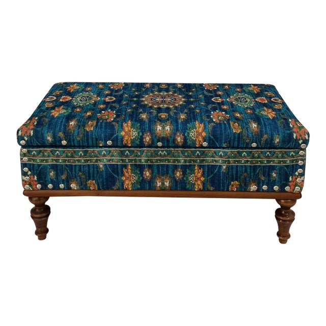 Oriental Rug Print Fabric Upholstered Chest Storage Bench For Sale