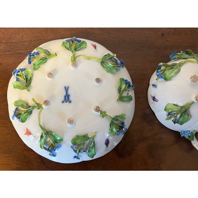 Antique Meissen Porcelain Tea Cup and Saucer With Applied Flowers and Hand Painted Insects For Sale - Image 12 of 15