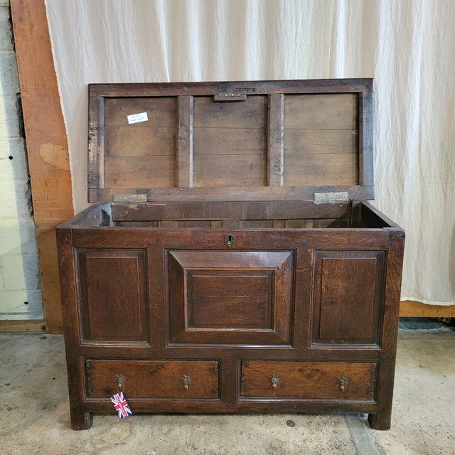 18th Century Period Oak Mule Chest/Trunk With Paneled Front and 2 Drawer Base For Sale - Image 9 of 12