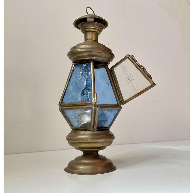 Art Deco Lantern in Brass and Etched Colored Glass, 1930s For Sale - Image 6 of 8