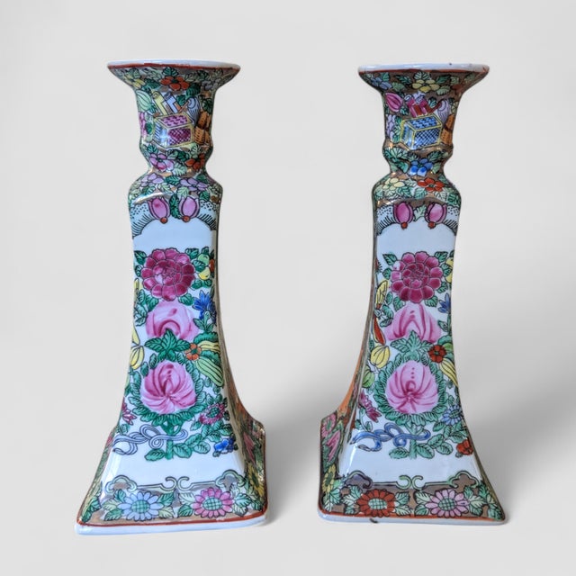Vintage Chinoiserie Rose Medallion Porcelain Hand Painted Candle Holders -a Pair For Sale - Image 4 of 12