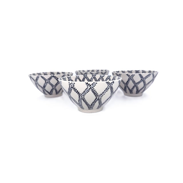 Handcrafted Bat Trang Vietnamese Ceramic Pho or Ramen Bowls With Blue & White Vine Motif - Set of 4 For Sale - Image 11 of 11