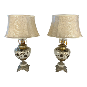 Pair of Opaline Glass Table Lamps With Brass Gold Filigree and Crystal