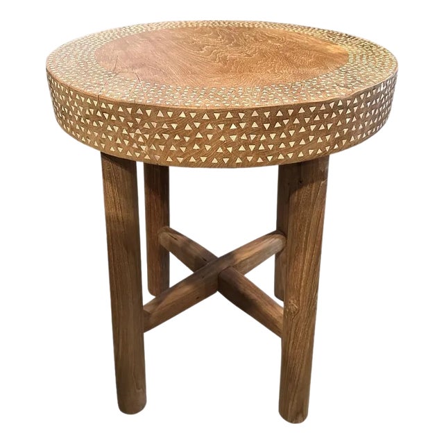 Andrianna Shamaris Minimalist Shell Inlaid Teak Round Side Table or Pedestal For Sale