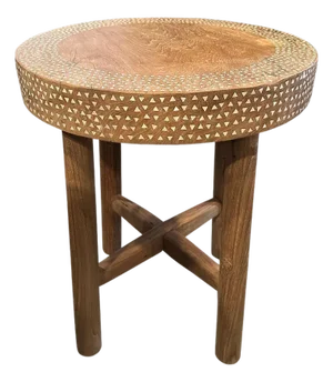 Andrianna Shamaris Minimalist Shell Inlaid Teak Round Side Table or Pedestal