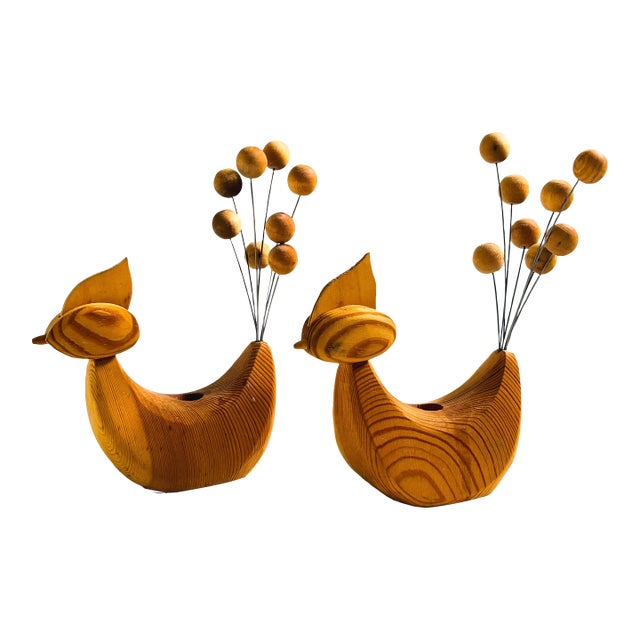 Mid Century Scandinavian Wood Bird Candle Holders - Set of 2 For Sale