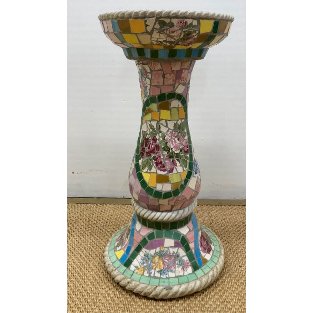 One of a kind colorful artistic mosaic pedestal column or plant stand featuring a cnetral floral design with roses in...