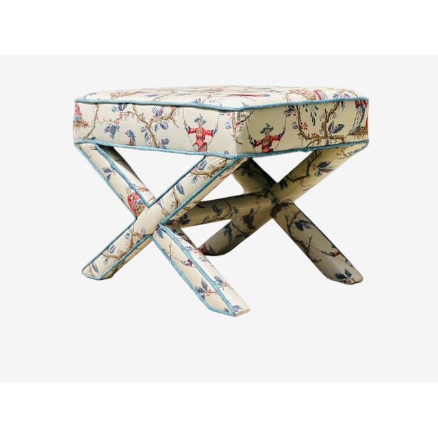 Generously sized vintage X bench upholstered in retired BRUNSCHWIG & FILS TASSINARI. Contrast welting Scalamandre...