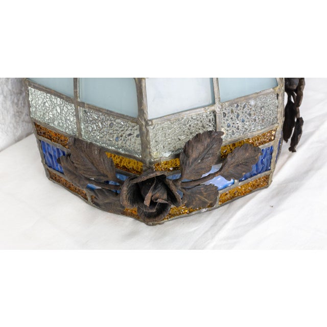 French Art Deco Ceiling Lamp in Lead and Textured Glass, 1930s For Sale - Image 14 of 15