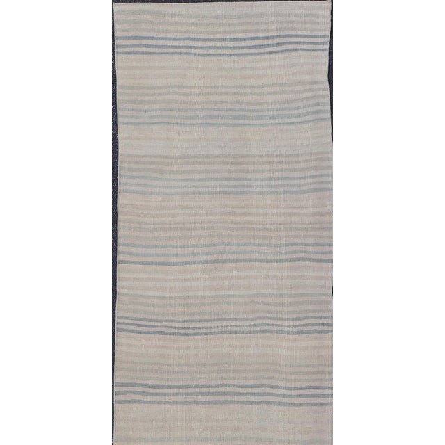 Measures: 2'7" x 11'1" Stripe Design Turkish Vintage Kilim Runner in Shades of Ivory and Pale Blue. Keivan Woven Arts /...