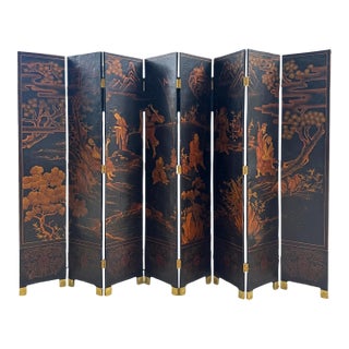 Large Chinese Eight-Panel Black Lacquer Folding Screen With Scholar Landscape, Circa 1925–1940 For Sale