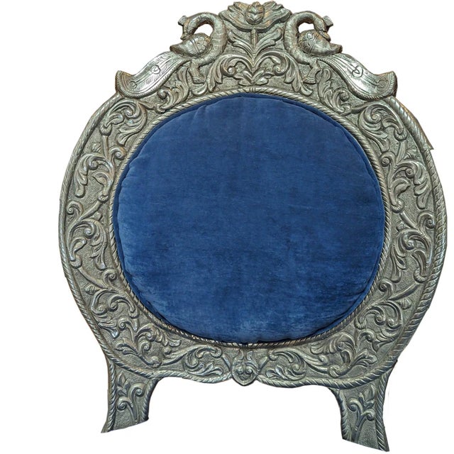 Art Deco 1970s Indian Ornate Silver Metal Clad Blue Velvet Maharaja Bench For Sale - Image 3 of 8