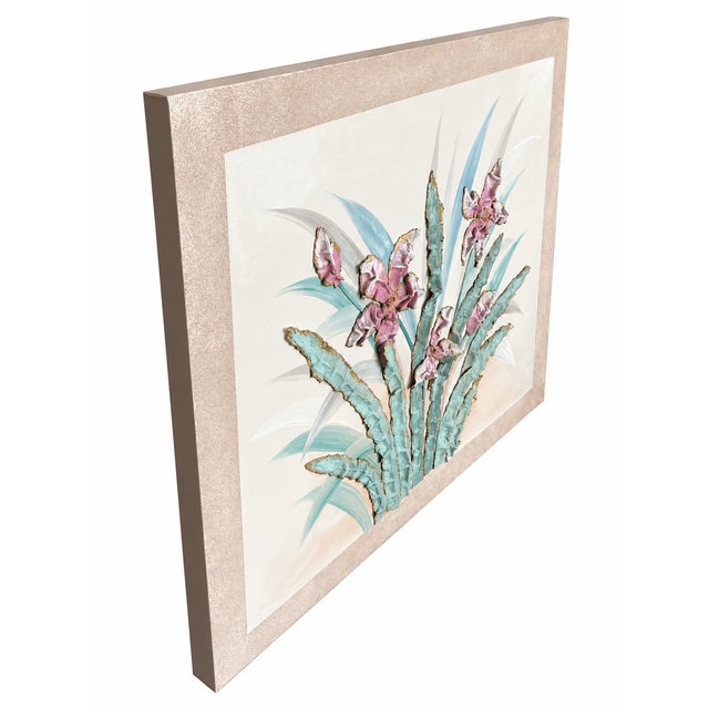 Oversized Sculptural Floral Painting in Turquoise, Pink & Gold, Signed S. McGrow 50 × 40 Inches For Sale - Image 4 of 8