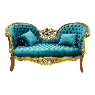 French Baroque Style Settee – Green Forest Velvet For Sale