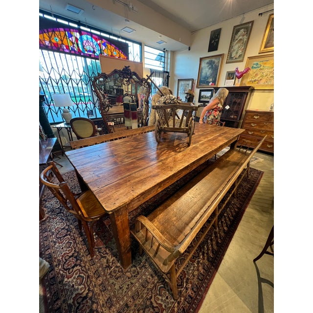 Wood Early 20th Century 3 Piece Primitive Farm Dining Set With Long Table and Benches For Sale - Image 7 of 7