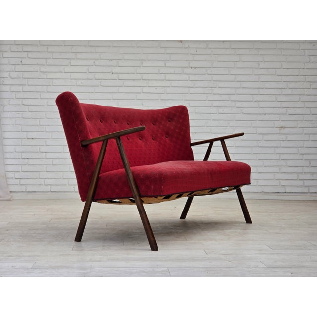 Danish 2-Seater Sofa in Red Fabric with Beech Legs and Armrests, 1960s For Sale - Image 17 of 17