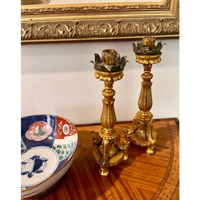 Neoclassical Antique Early 1900s Gilded Wood Ornate Candle Holders - A Pair For Sale - Image 3 of 15