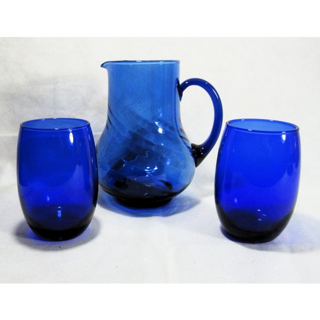 Mid-Century Modern Mid 20th Century Mid Century Modern Cobalt Blue 1 Pitcher + 2 Wine Glasses For Sale - Image 3 of 13