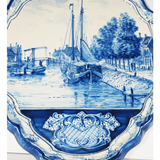 Two Antique Dutch Royal Makkum Delft Blue & White Plaques W/ Dutch Fishing Vessels For Sale - Image 9 of 11