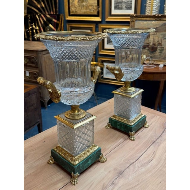 Traditional Pair of French Crystal and Bronze Vases on Malachite Bases For Sale - Image 3 of 7