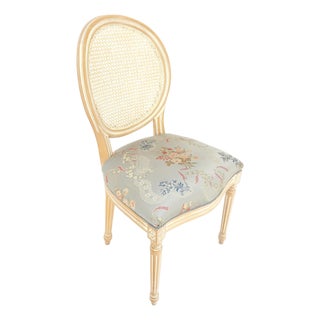 Oval Back Silk Upholstery Cane Back White Wash Finish French Side Chair CLEAN For Sale