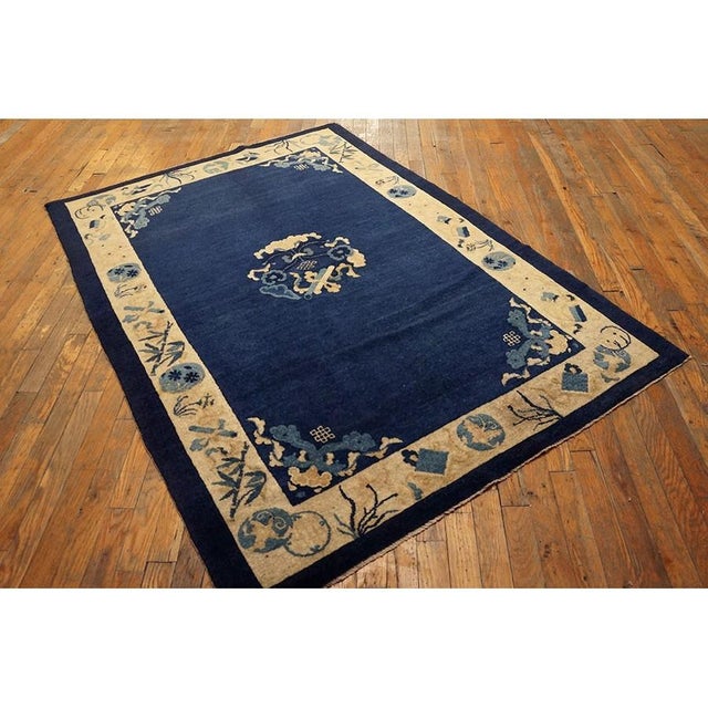 1900s Solid Open Blue Field Antique Chinese Floral Medallion Pattern Peking Rug For Sale - Image 4 of 5