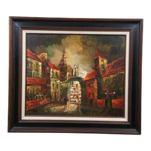 Rodriguez Figural Spanish Cityscape Embellished Giclee Oil Print 31"