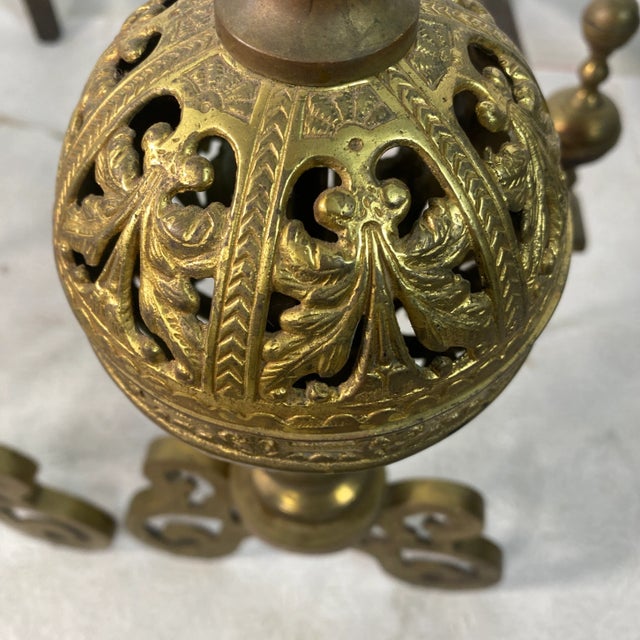 Antique Pair Quality Gold Gilt Brass Pierced Floral Design Andirons For Sale - Image 9 of 11