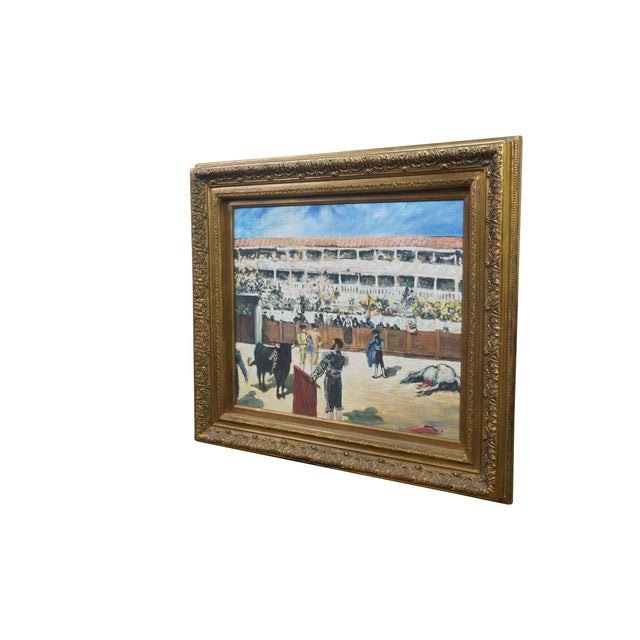 Vintage oil painting on canvas titled Bullfight (also known as Bullfight in Spain - Death of the Bull), originally painted...