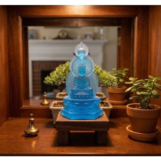 1990s Blue Frosted Crystal Glass Lotus Base 3 Sides Bodhisattva Sanbao Figure For Sale - Image 5 of 13
