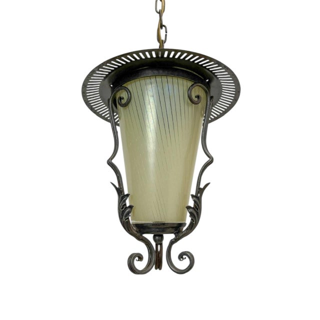 Lantern Pendant Lamp in Wrought Iron and Glass, 1950s For Sale - Image 6 of 13