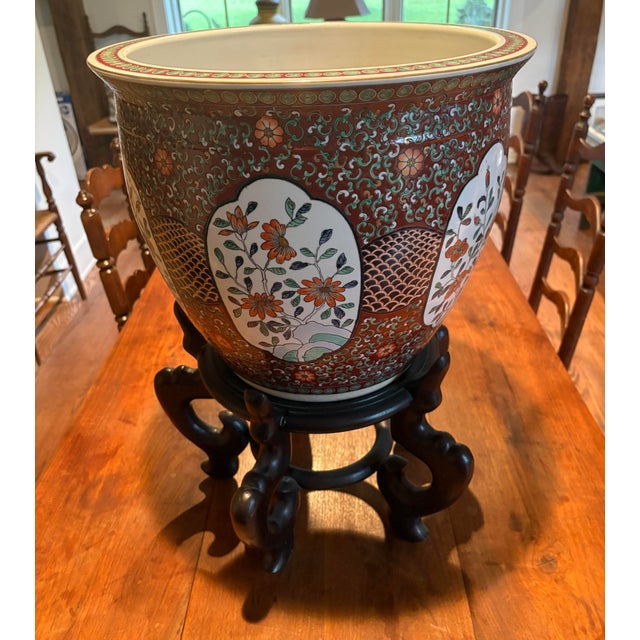 Large Vintage Chinese Porcelain Jardinière / Cachepot / Goldfish Bowl /Carved Hardwood Stand For Sale - Image 4 of 12