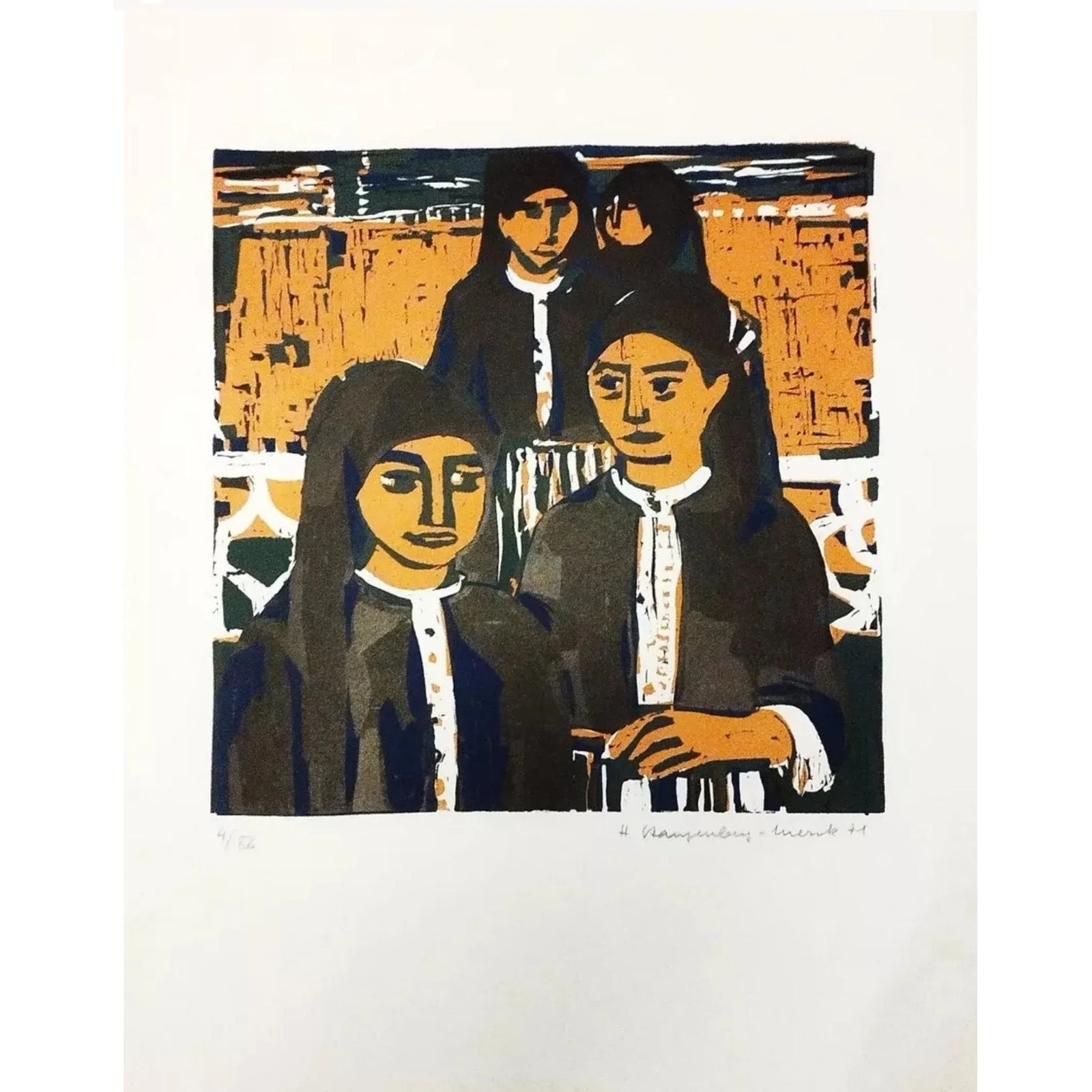1971 German Expressionist Woodcut Signed Portrait of 3 Women by