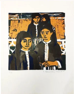 1971 German Expressionist Woodcut Signed Portrait of 3 Women by Heidy Stangenberg Merck