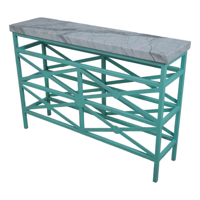 Ej Victor Modern Design Verdigris Marble Top Metal Base Console Table For Sale