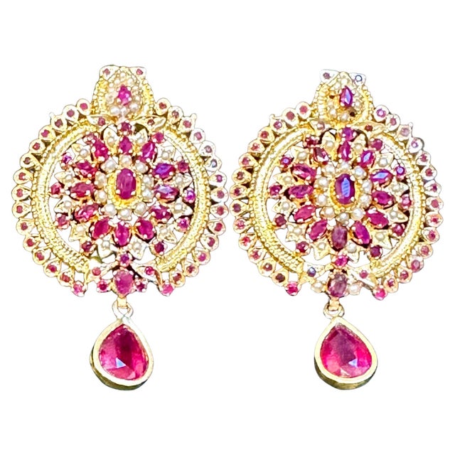 Arts & Crafts 22 Karat Gold Ruby & Natural Pearl Yellow Gold Circle Stud Earring, Hanging Ruby For Sale - Image 3 of 18