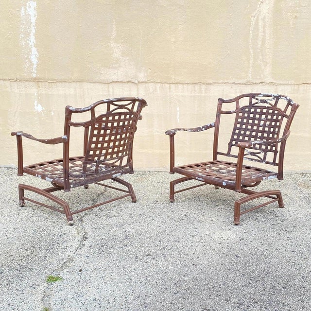 Late 20th Century Cast Aluminum Basket Weave Lattice Patio Outdoor Rocking Lounge Chairs - A Pair For Sale - Image 10 of 10