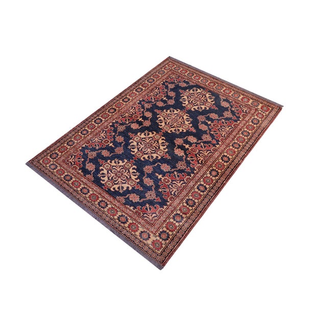Southwestern Super Kazak Blue/Tan Wool Rug - 4'8'' X 6'1'' For Sale - Image 9 of 10