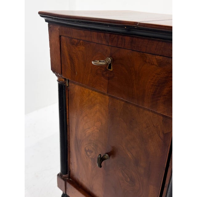 Neoclassical Pair of Early 19th Century Italian Empire Walnut Commodini With Ebonized Columns For Sale - Image 3 of 13