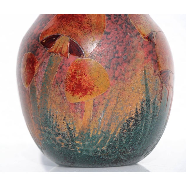 French Daum Nancy Art Nouveau cameo glass mushroom vase from the turn of the century. Wheel cut with raised designs in...