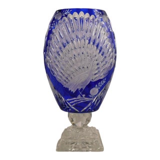 1940s Very Large Blue Cut to Cear Vase With Peacock Design For Sale