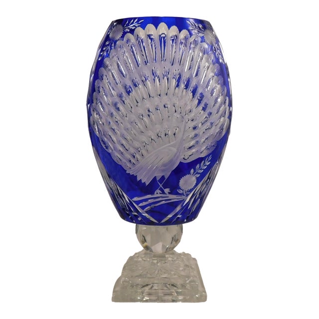 1940s Very Large Blue Cut to Cear Vase With Peacock Design For Sale
