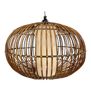 Vintage Mid-Century Modern Rattan Bambu Cage Pendant in the Style of Franco Albini For Sale