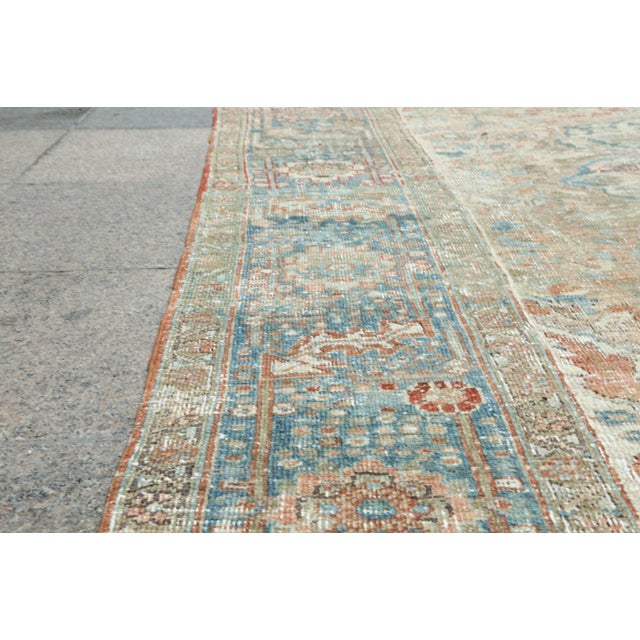 Antique Distressed Heriz Rug – Handwoven Wool on Cotton, Faded Blue & Terracotta Medallion Carpet -7' 11'' X 11' 2'' For Sale - Image 15 of 18