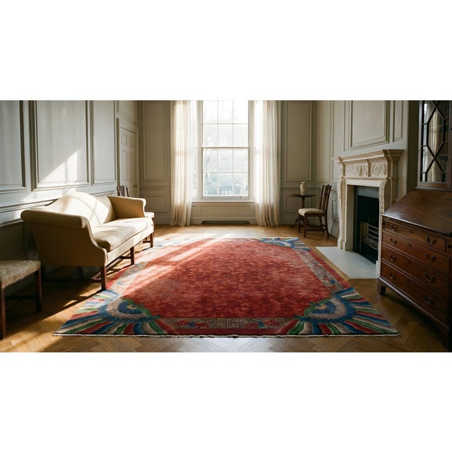 Stupendous Claret Background Color Asymmetric Patterns Antique Chinese Art Deco Rug For Sale - Image 12 of 14